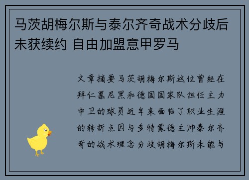 马茨胡梅尔斯与泰尔齐奇战术分歧后未获续约 自由加盟意甲罗马